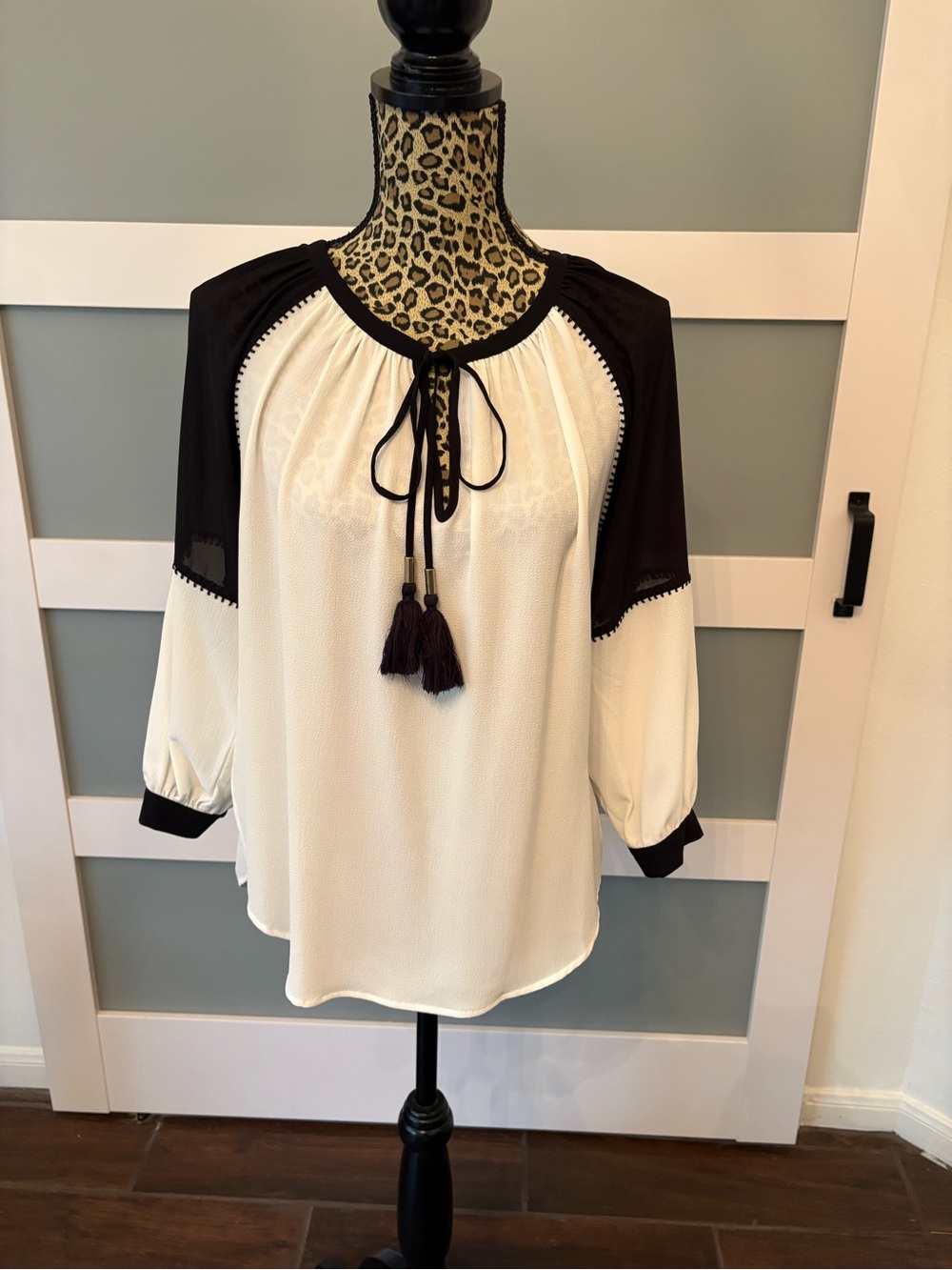 XOXO Black and White Tassel Peasant Top